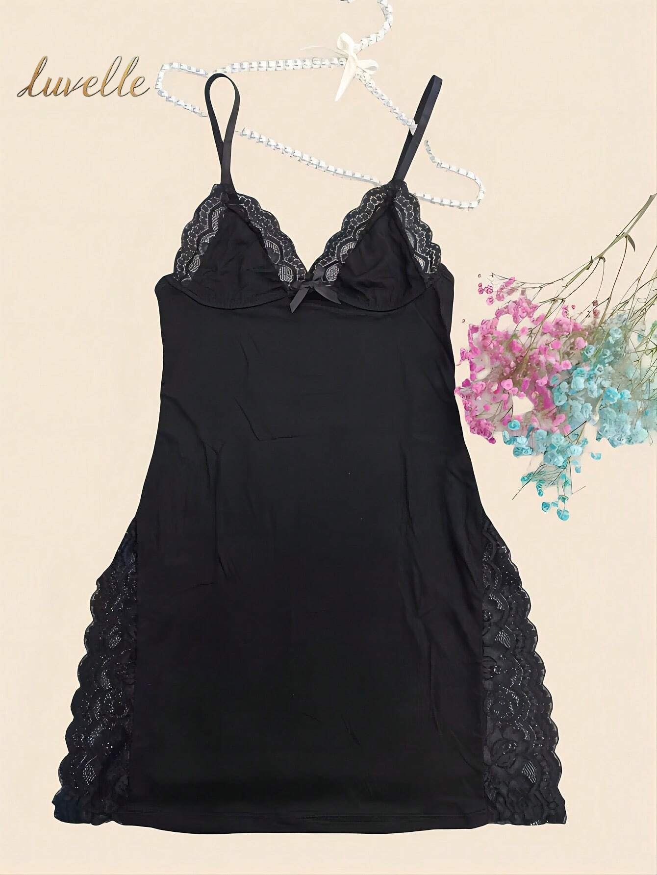 1Pc plus Size Women Lace Trim Bowknot Decor Side Slit Camisole Nightgown_Black