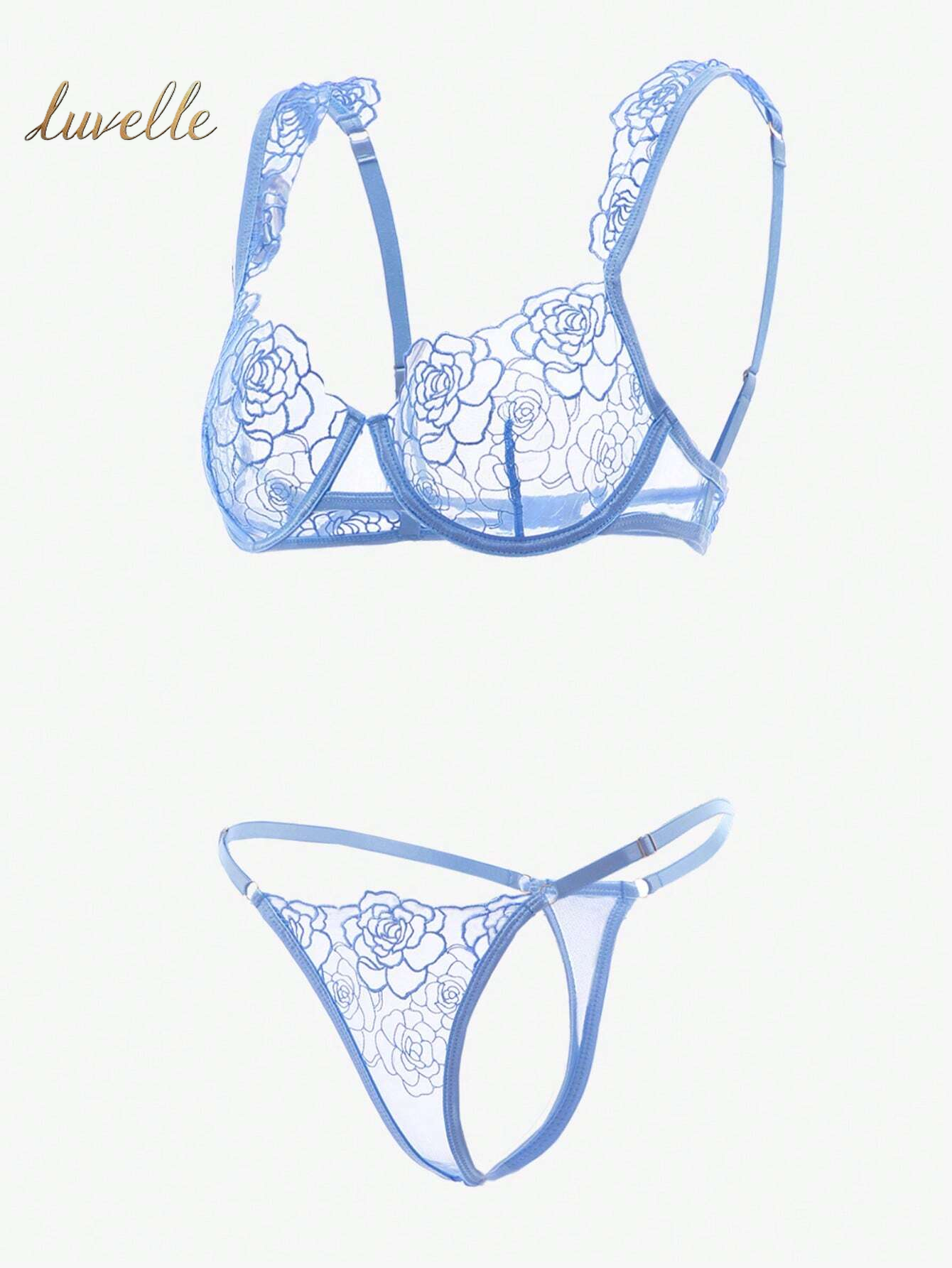 Sheer Embroidery Underwire Bra & Panty Lingerie Set_Blue