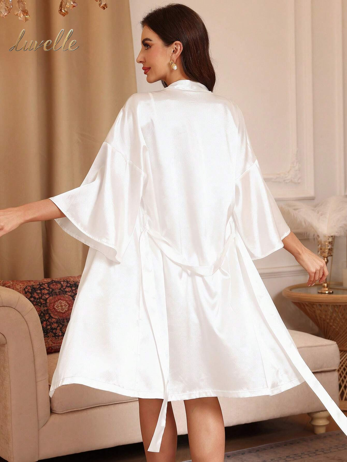 Solid Satin Nightdress & Drop Shoulder Belted Robe Pajama Set_White