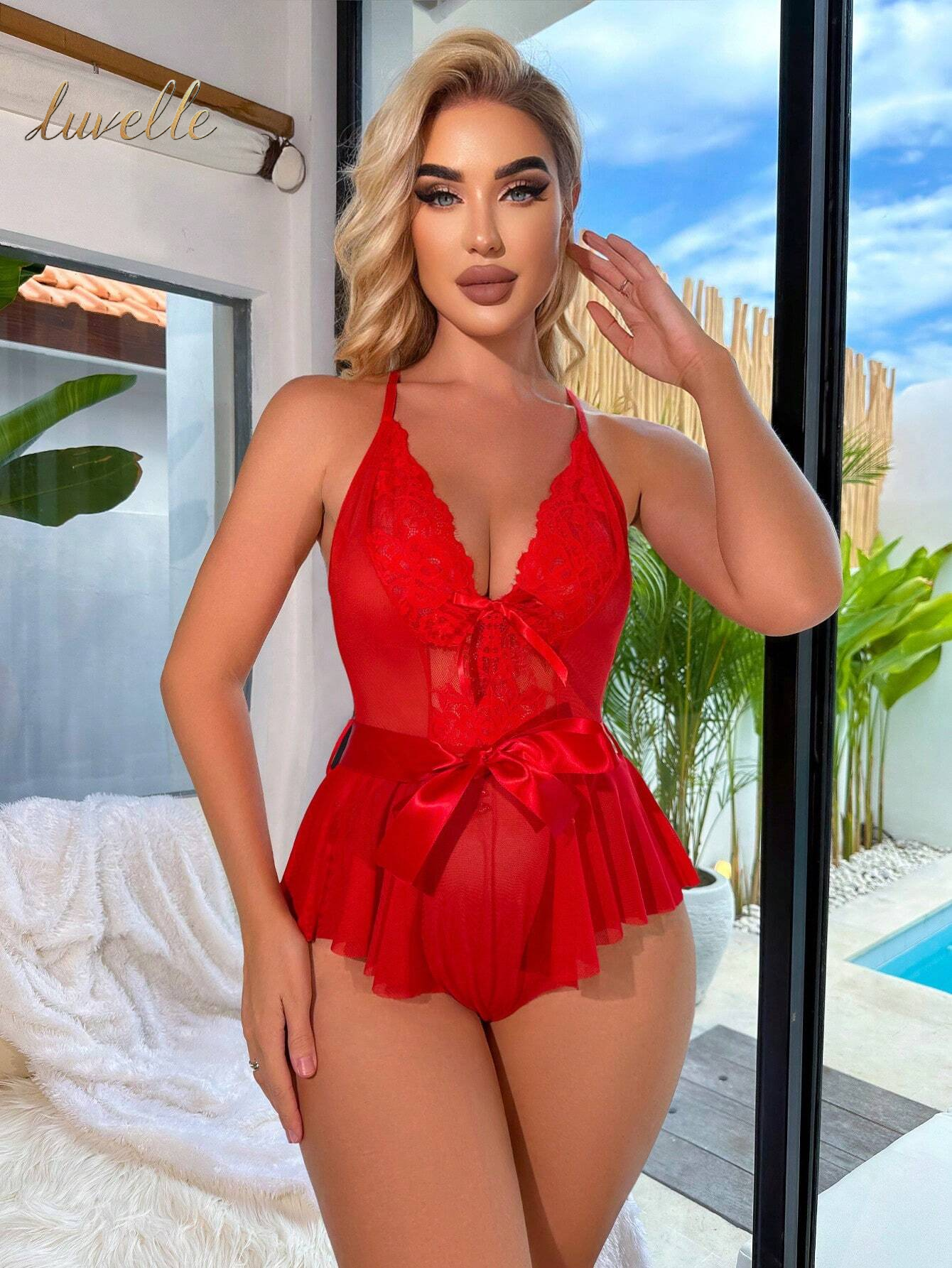 Contrast Lace Mesh Bow Front Ruffle Hem Teddy Bodysuit_Red