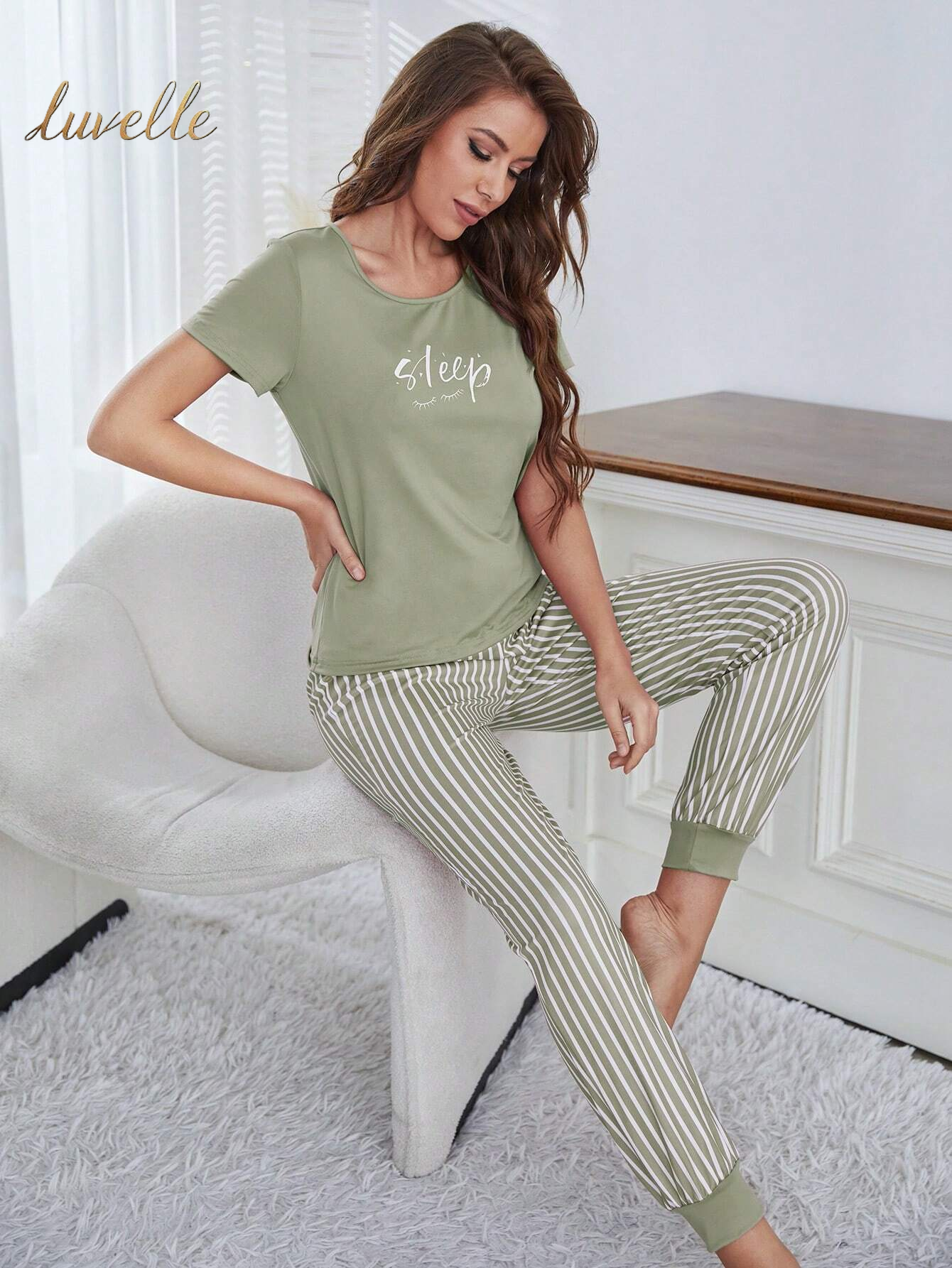 Eyelash & Letter Graphic Tee & Striped Pants PJ Set / Pajama Set_Green