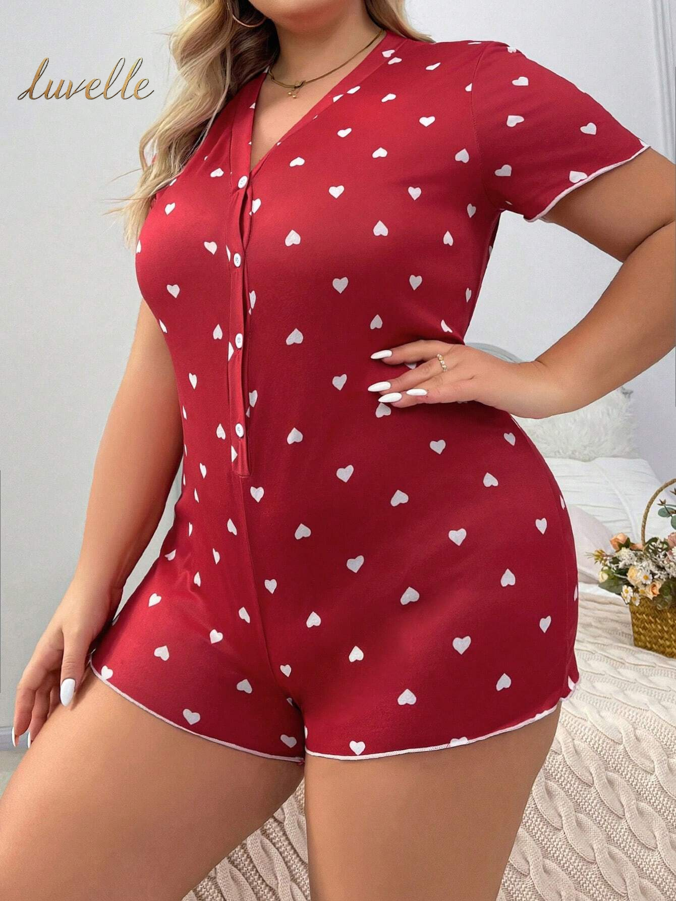 Plus Size Heart Printed Pajamas Romper