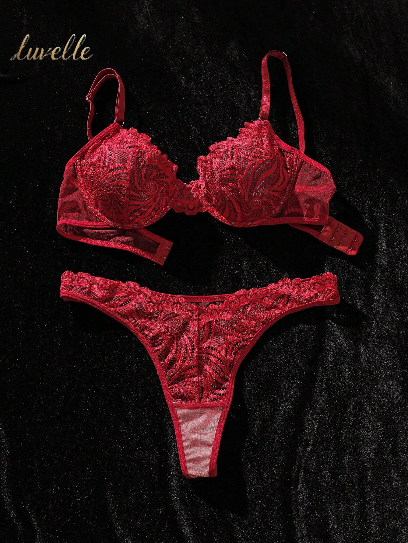 Luvelle Floral Fantasy: Lace Underwire Lingerie Set_Burgandy