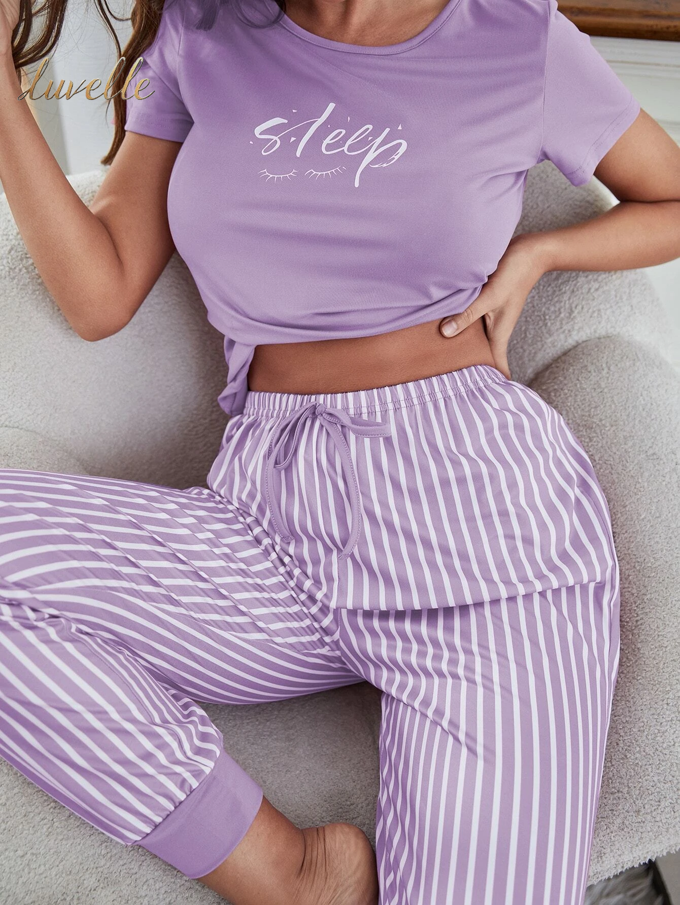 Eyelash & Letter Graphic Tee & Striped Pants PJ Set / Pajama Set_Lilac Purple