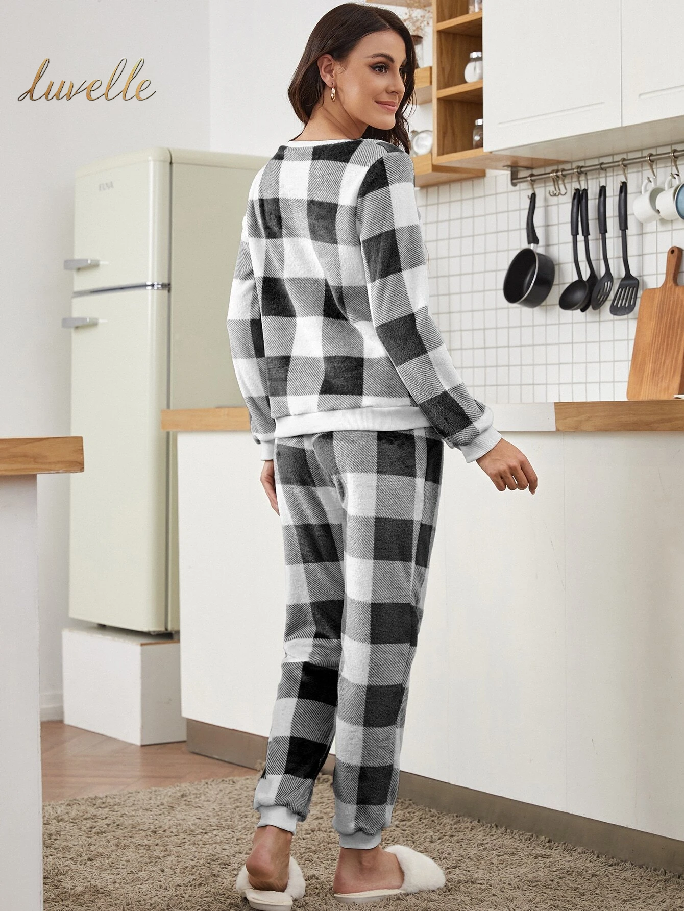 Buffalo Plaid Print Flannel PJ Set / Pajama Set_Black