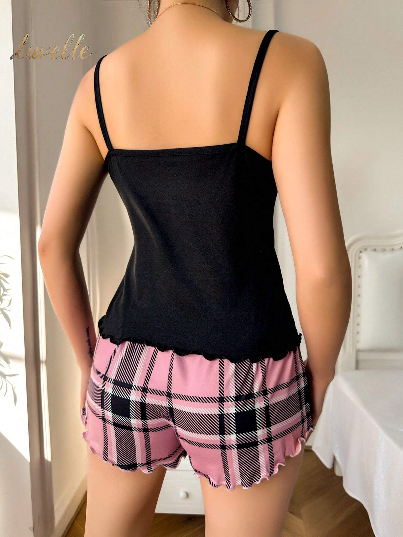 Luvelle Loving Embrace: Heart Shaped Plaid Cami Short PJ Set_Black