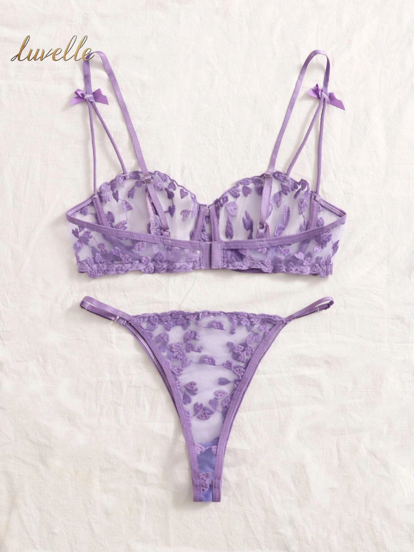 Heart Embroidered Bow Front Mesh Lingerie Set_Lilac Purple