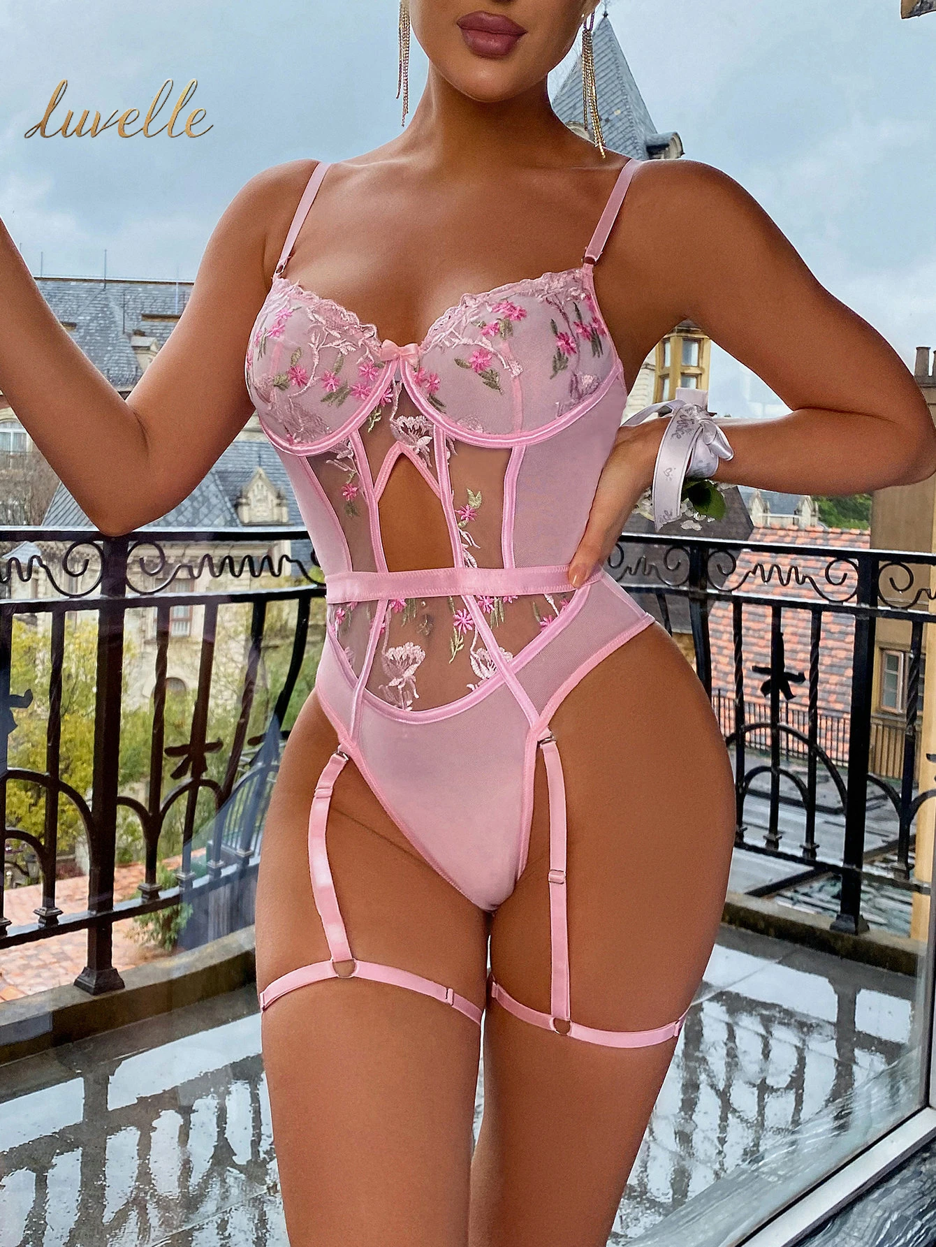 3Pcs Floral Embroidery Mesh Underwire Teddy Bodysuit_Baby Pink