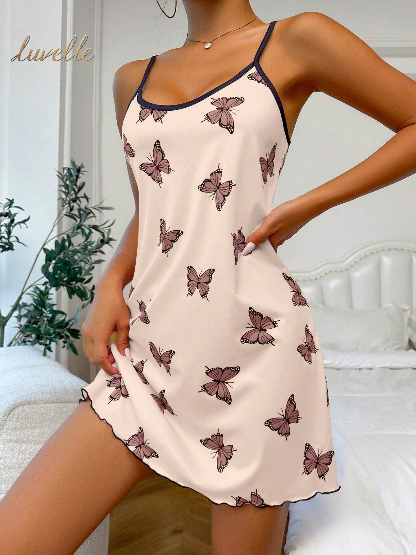 Butterfly Print Contrast Binding Lettuce Trim Cami Pajama Nightdress_Brown