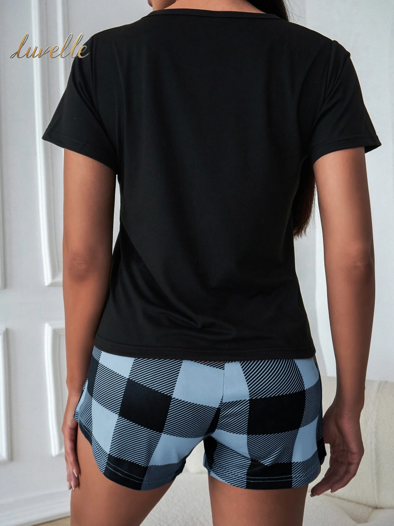 Pocket Patched Tee & Buffalo Plaid Print Shorts PJ Set / Pajama Set_Blue And Black