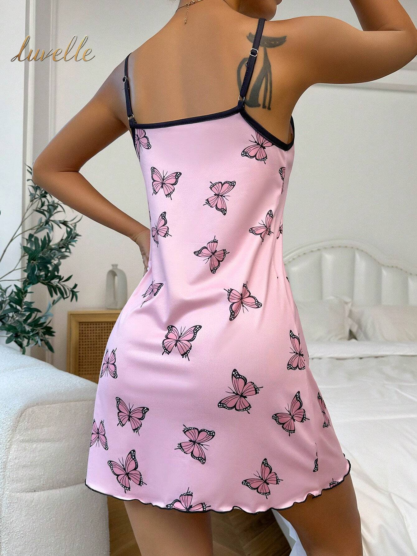 Butterfly Print Contrast Binding Lettuce Trim Cami Pajama Nightdress_Pink