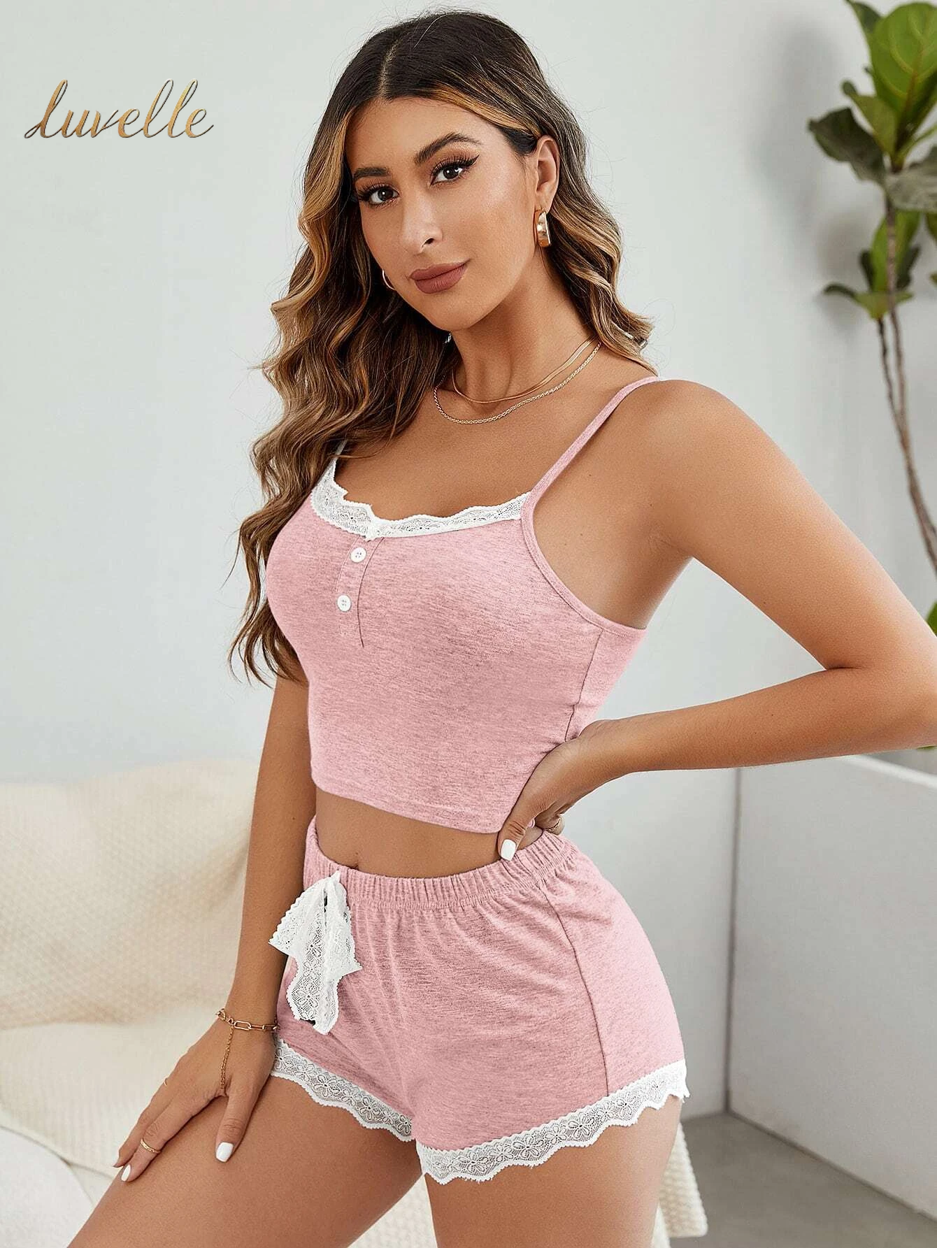 Contrast Lace Cami Top & Bow Front Shorts PJ Set / Pajama Set_Baby Pink