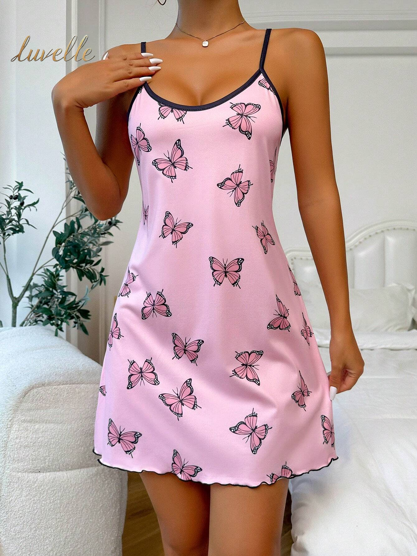 Butterfly Print Contrast Binding Lettuce Trim Cami Pajama Nightdress_Pink