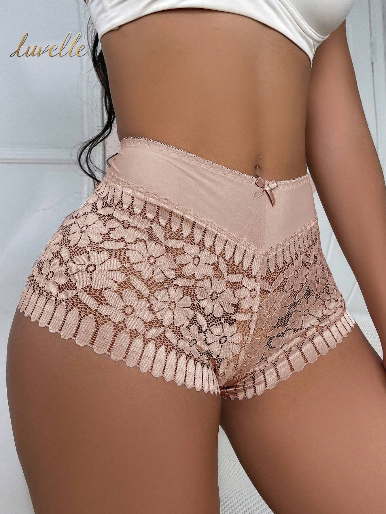 1Pc Sexy Hollow Out Mid-Rise Breathable Lace Underwear with Cross-Border Waist and Buttocks from Europe and America_Dusty Pink