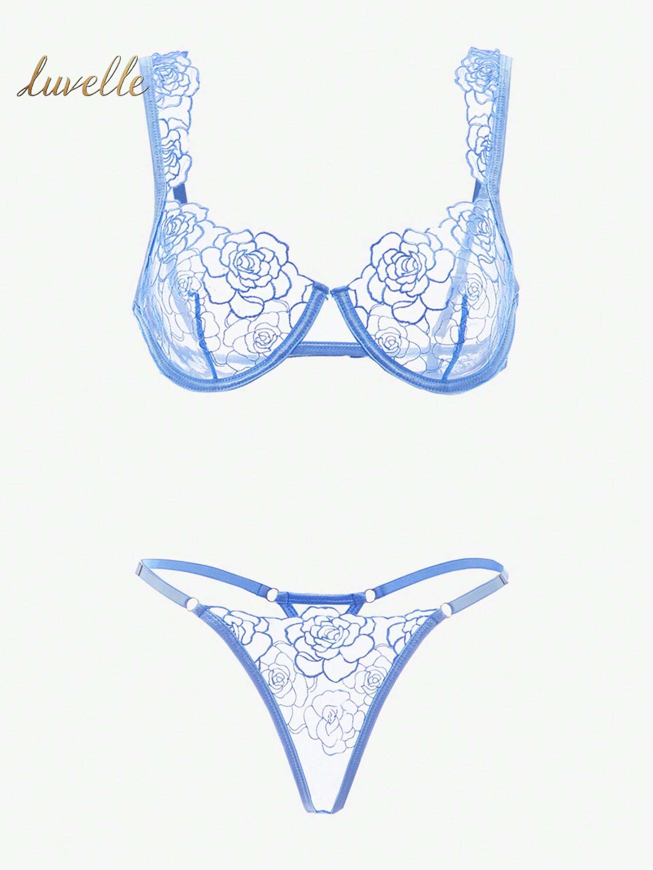 Sheer Embroidery Underwire Bra & Panty Lingerie Set_Blue