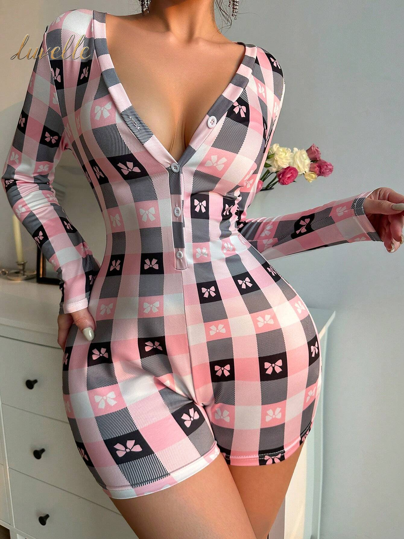 Women'S Plaid Bow Print Pajama Romper_Pink