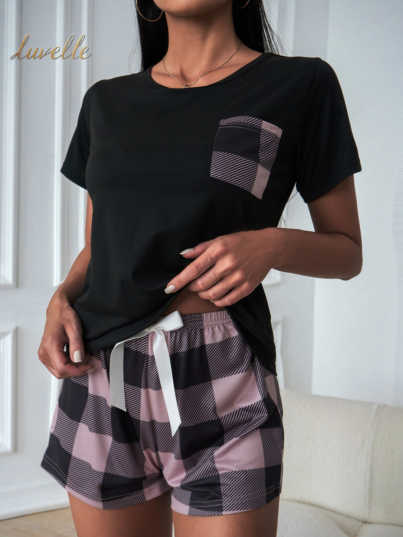 Pocket Patched Tee & Buffalo Plaid Print Shorts PJ Set / Pajama Set_Dusty Pink And Black