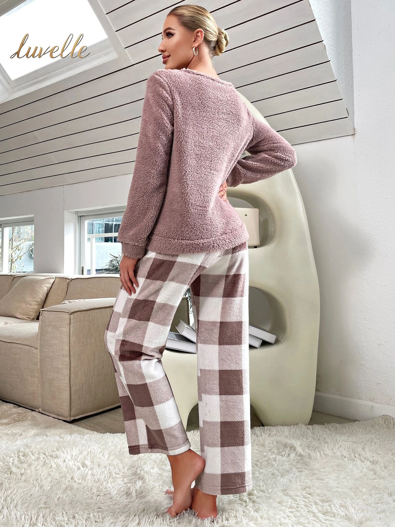 Buffalo Plaid Print PJ Set / Pajama Set_Mauve Purple