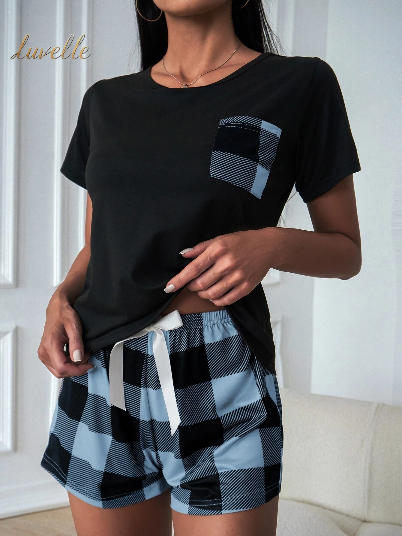 Pocket Patched Tee & Buffalo Plaid Print Shorts PJ Set / Pajama Set_Blue And Black