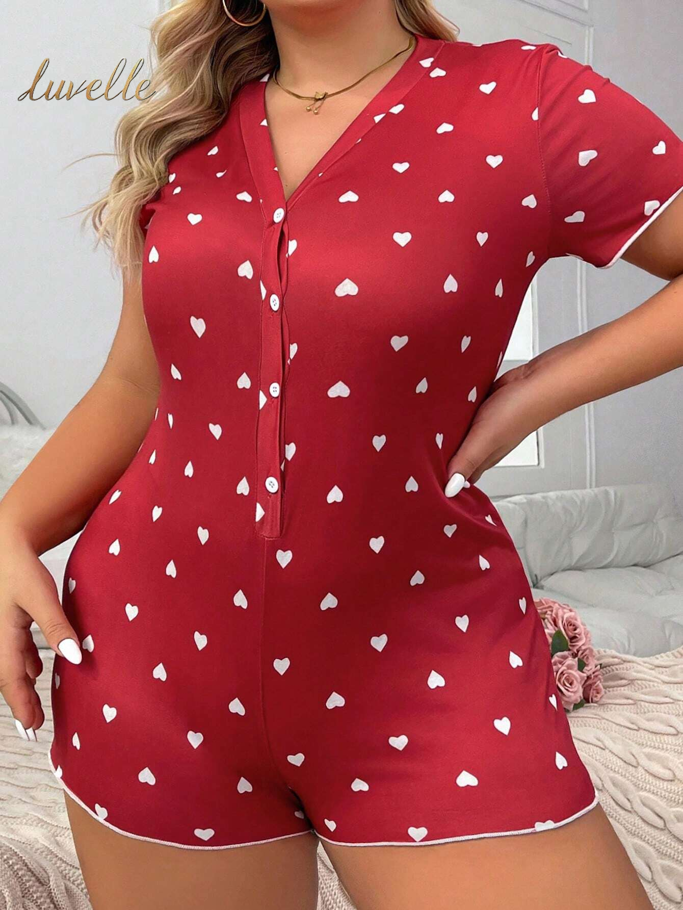 Plus Size Heart Printed Pajamas Romper