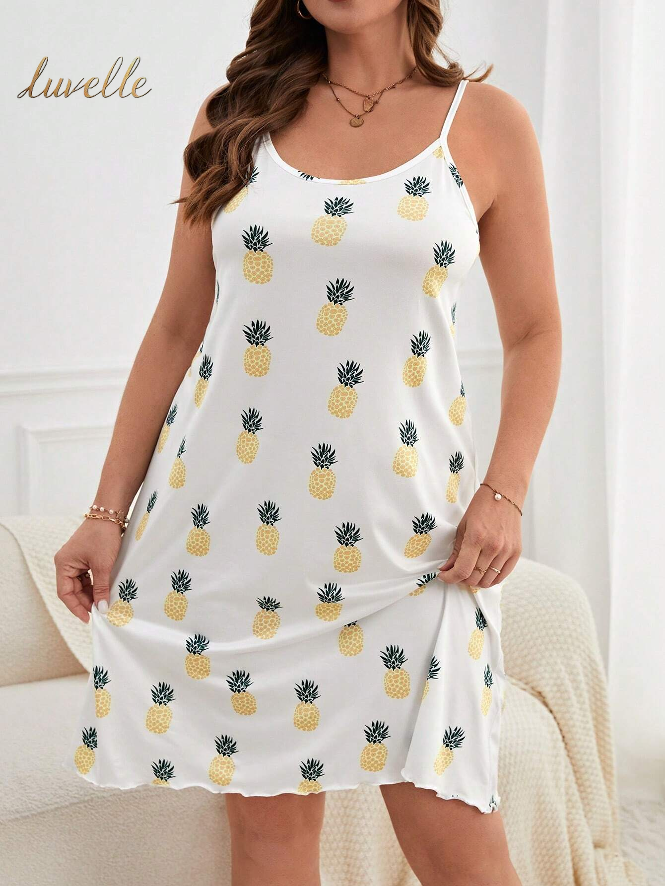 Plus Pineapple Print Cami Pajama Nightdress_White